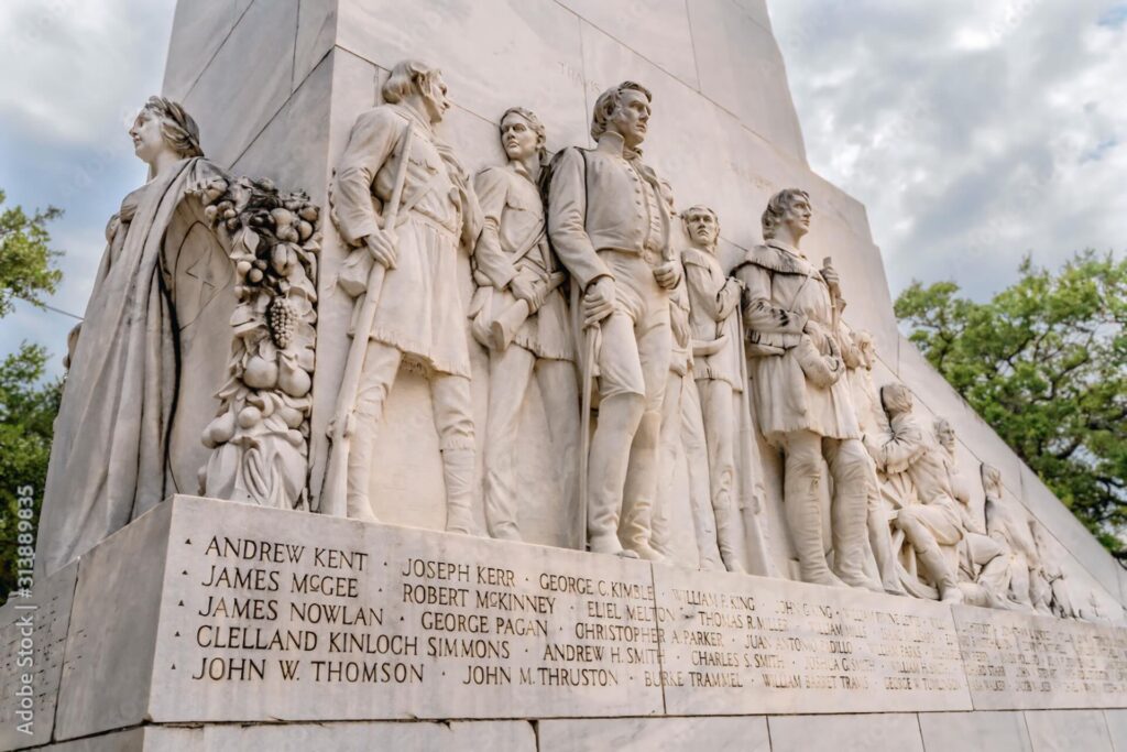 Carvings on the Cenotaph at the Alamo.